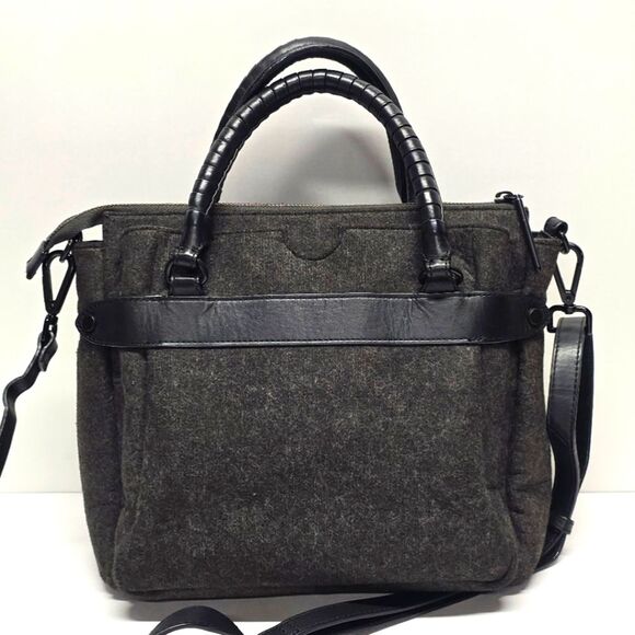 Elliott Lucca Black Gray Wool Black Leather Trim Satchel Shoulder Crossbody Bag - Picture 2 of 8